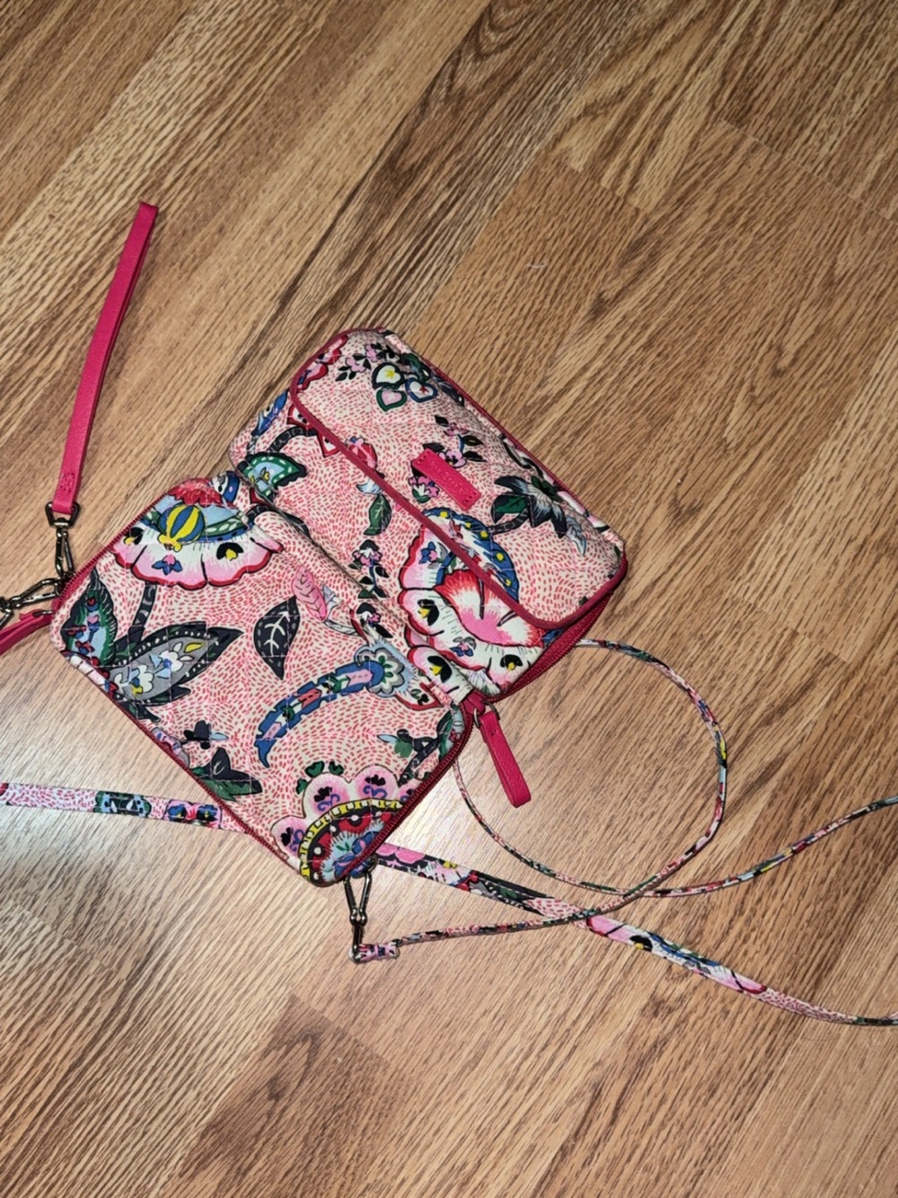 Pink Floral Quilted Crossbody Wristlet with Removable Strap
